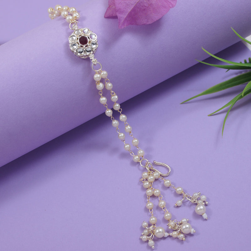 Elegantly Crafted Wine Pearl & Kundan Adjustable Lumba Bracelet