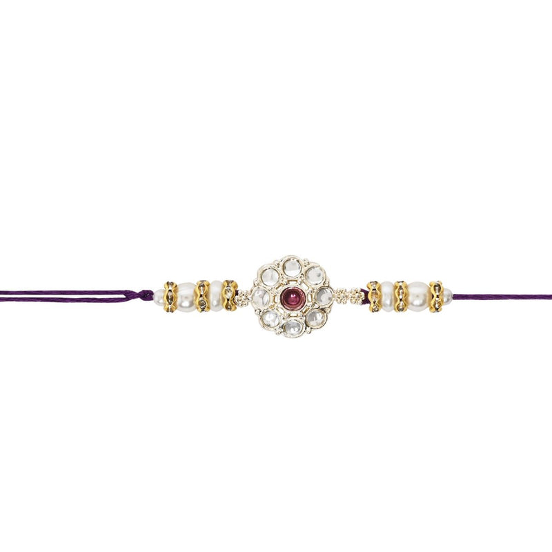 Delicate Pearl Beads Wine Rakhi with Roli Chawal & Rakshabandhan Card