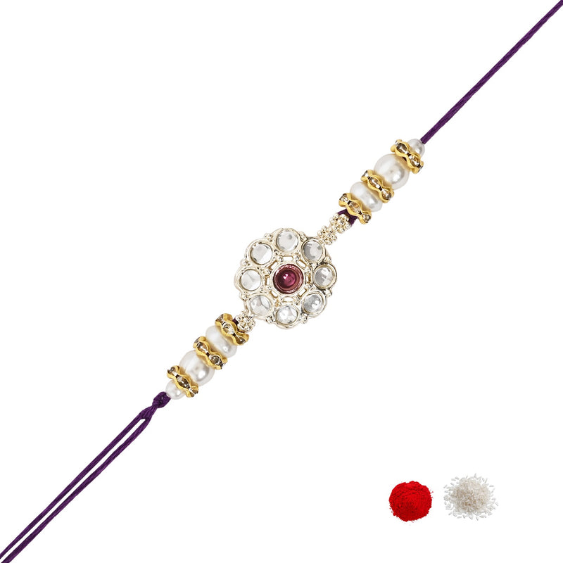 Delicate Pearl Beads Wine Rakhi with Roli Chawal & Rakshabandhan Card