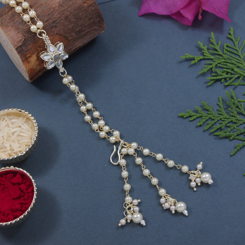 Floral Shaped Grey Pearl & Kundan Adjustable Lumba Bracelet