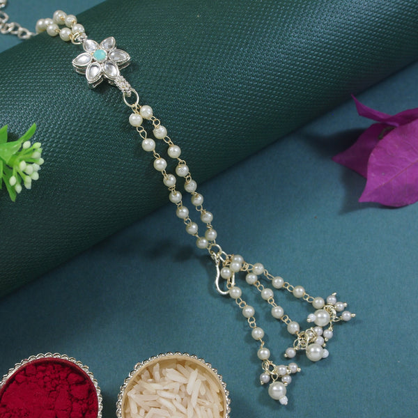 Floral Shaped Mint Pearl & Kundan Adjustable Lumba Bracelet