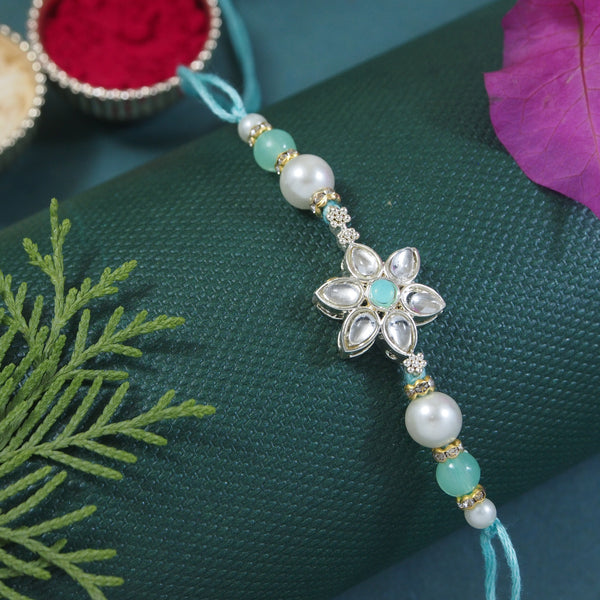 Delicate Pearl Beads Mint Rakhi with Roli Chawal & Rakshabandhan Card