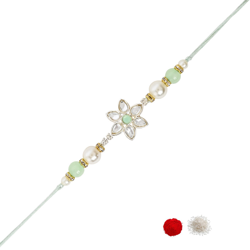 Delicate Pearl Beads Mint Rakhi with Roli Chawal & Rakshabandhan Card