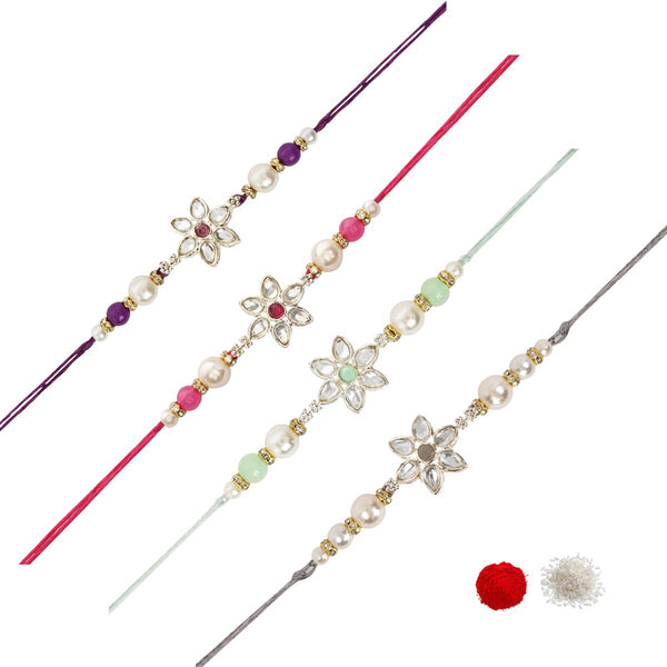 Elegance Kundan & Pearl Beads Rakhi with Roli Chawal & Card (Pack of 4)