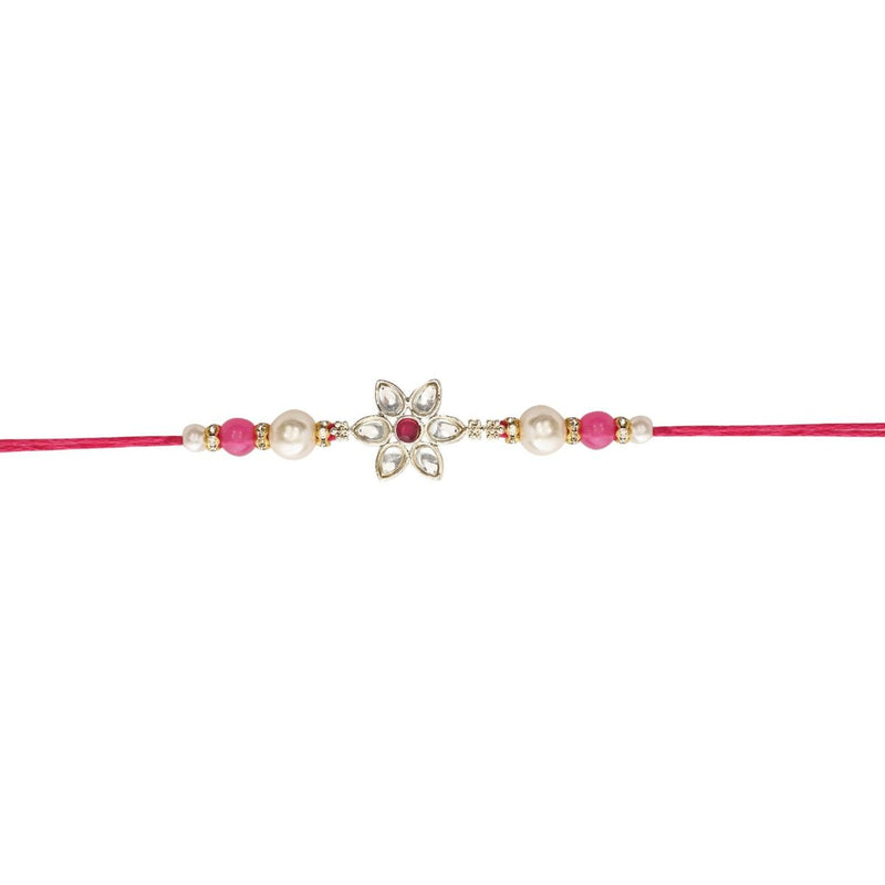 Delicate Pearl Beads Pink Rakhi with Roli Chawal & Rakshabandhan Card