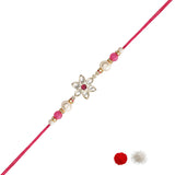 Delicate Pearl Beads Pink Rakhi with Roli Chawal & Rakshabandhan Card