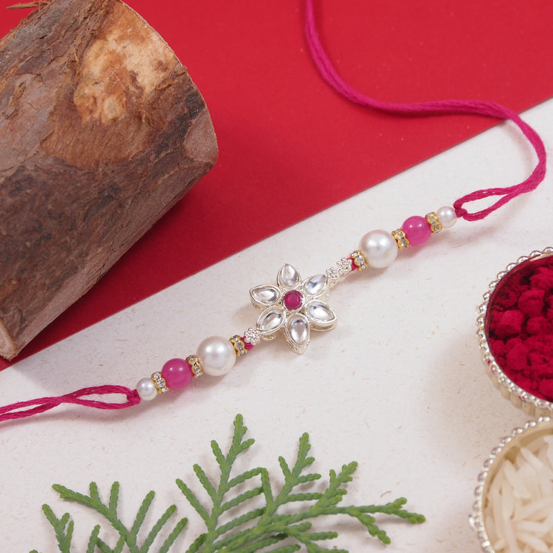 Delicate Pearl Beads Pink Rakhi with Roli Chawal & Rakshabandhan Card