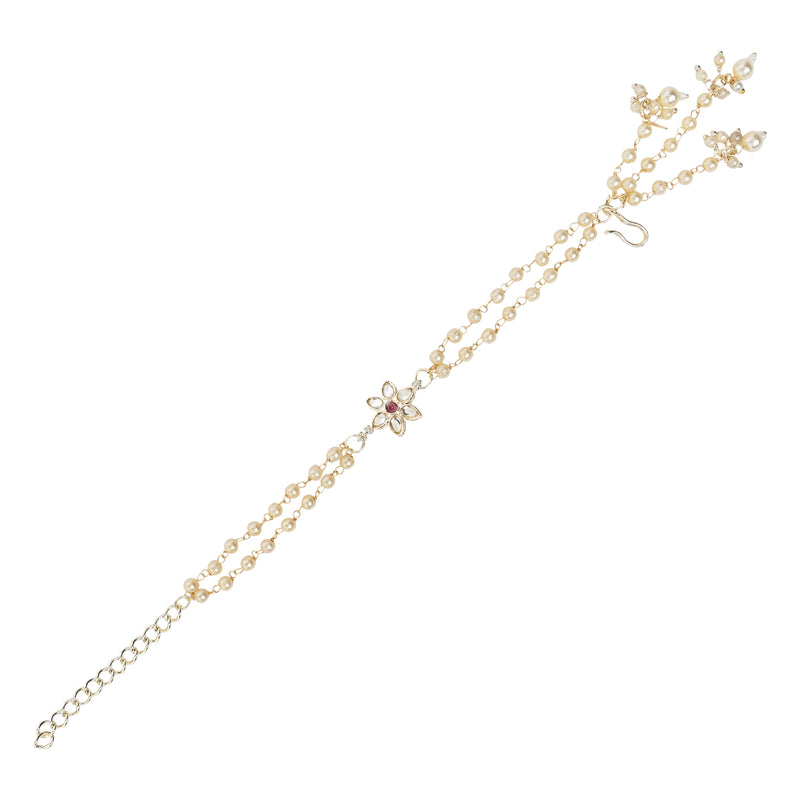 Floral Shaped Wine Pearl & Kundan Adjustable Lumba Bracelet