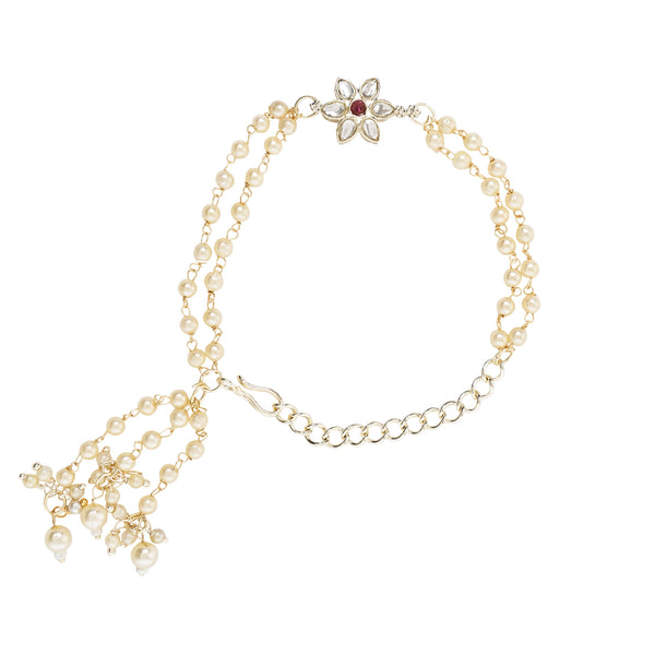 Floral Shaped Wine Pearl & Kundan Adjustable Lumba Bracelet