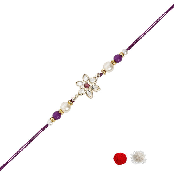 Delicate Pearl Beads Wine Rakhi with Roli Chawal & Rakshabandhan Card