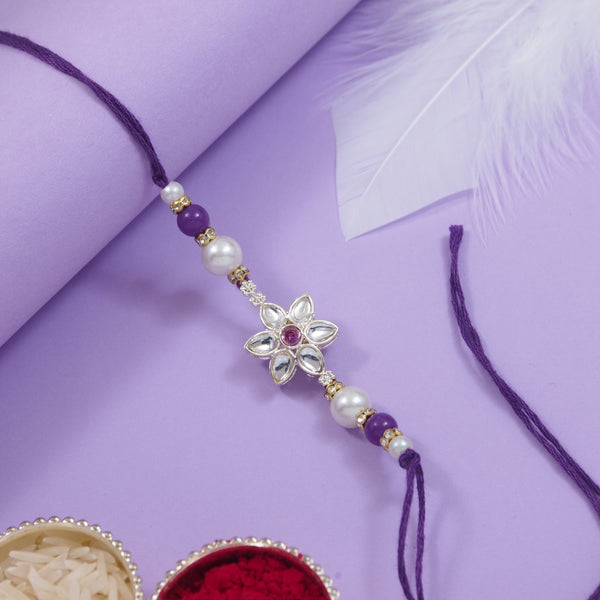 Delicate Pearl Beads Wine Rakhi with Roli Chawal & Rakshabandhan Card