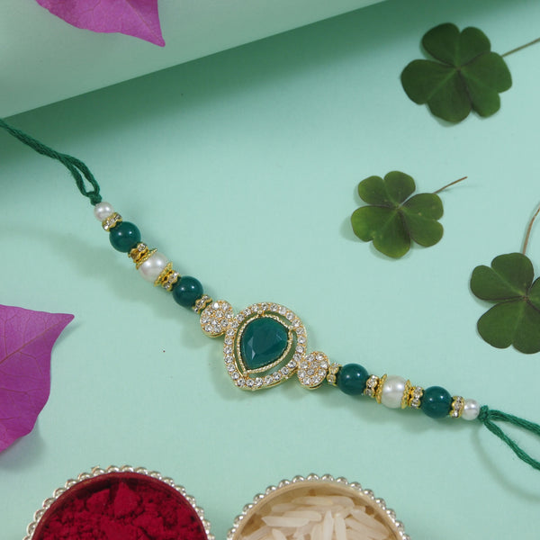 Delicate Pearl Beads Green Rakhi with Roli Chawal & Rakshabandhan Card