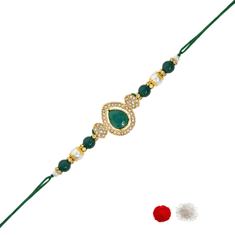 Delicate Pearl Beads Green Rakhi with Roli Chawal & Rakshabandhan Card