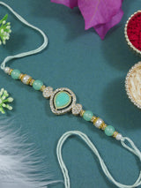 Delicate Pearl Beads Mint Rakhi with Roli Chawal & Rakshabandhan Card