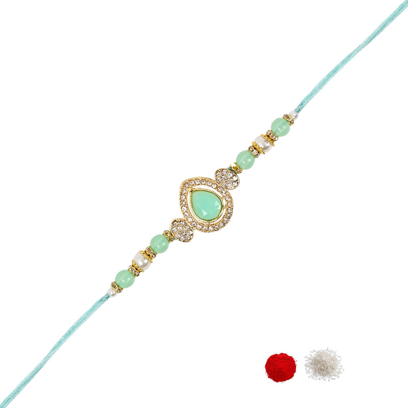 Delicate Pearl Beads Mint Rakhi with Roli Chawal & Rakshabandhan Card