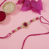 Delicate Pearl Beads Pink Rakhi with Roli Chawal & Rakshabandhan Card