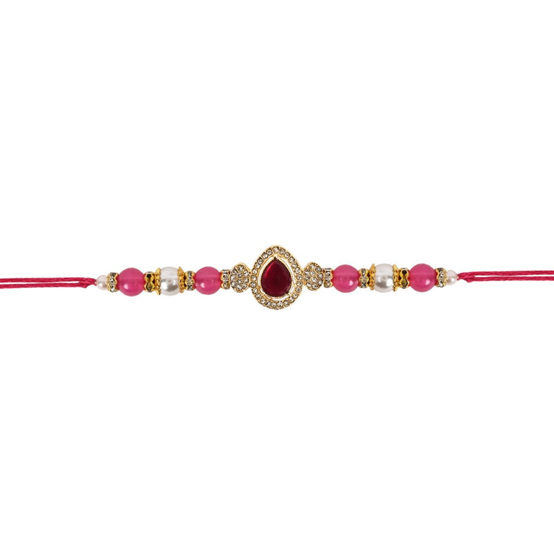 Delicate Pearl Beads Pink Rakhi with Roli Chawal & Rakshabandhan Card