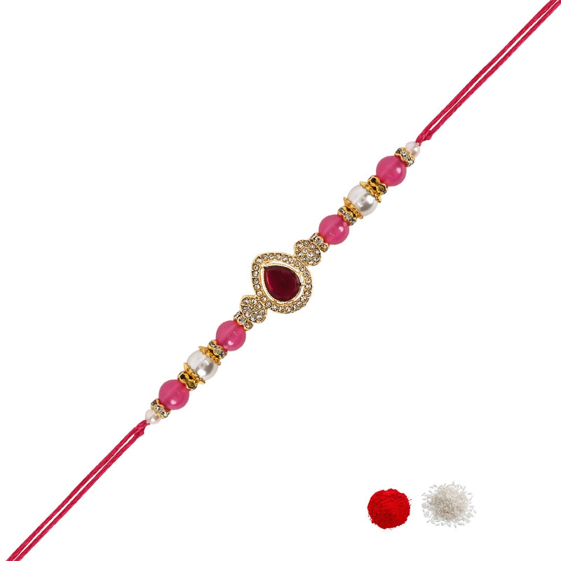 Delicate Pearl Beads Pink Rakhi with Roli Chawal & Rakshabandhan Card