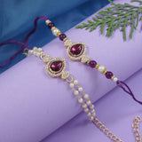 Elegant Bhaiya Bhabhi Wine Lumba Pearl Rakhi With Roli Chawal &Card