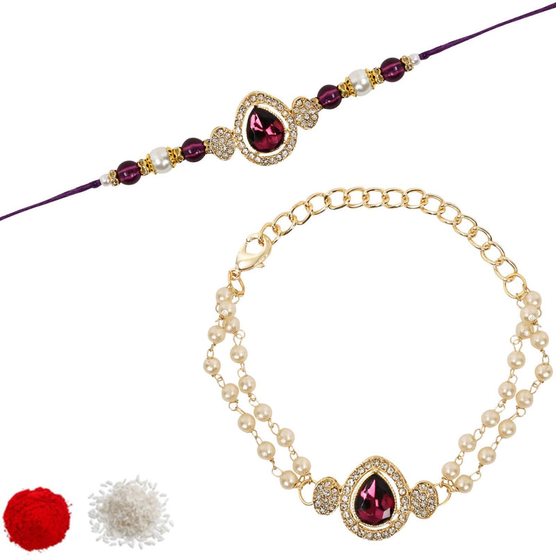 Elegant Bhaiya Bhabhi Wine Lumba Pearl Rakhi With Roli Chawal &Card