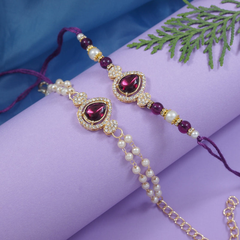 Elegant Bhaiya Bhabhi Wine Lumba Pearl Rakhi With Roli Chawal &Card