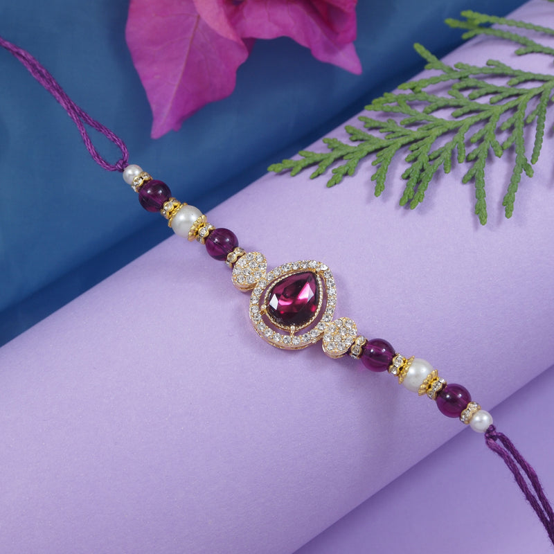 Delicate Pearl Beads Wine Rakhi with Roli Chawal & Rakshabandhan Card