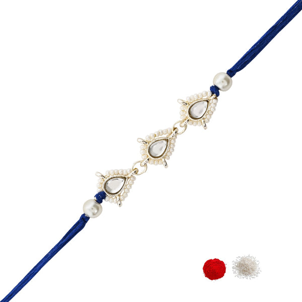 Delicate Pearl Beads Blue Rakhi with Roli Chawal & Rakshabandhan Card