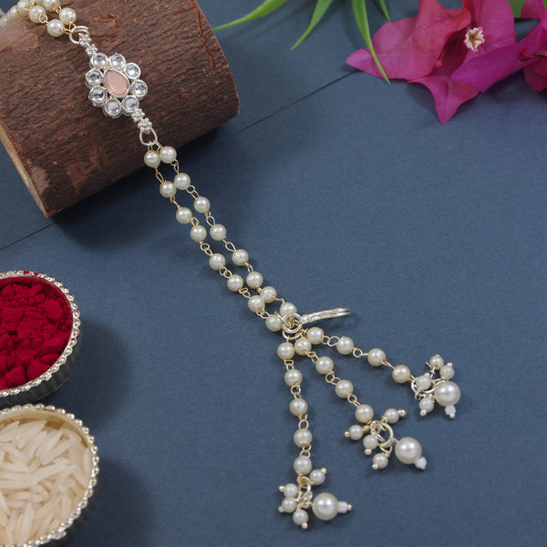 Elegantly Crafted Peach Pearl & Kundan Adjustable Lumba Bracelet