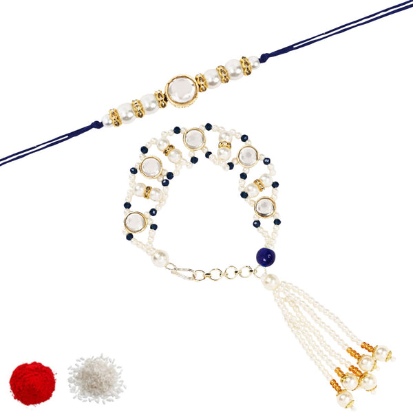 Elegant Bhaiya Bhabhi Blue Lumba & Pearl Rakhi With Roli Chawal &Card