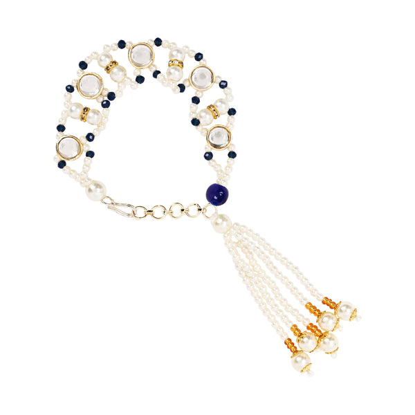 Round Shaped Blue Pearl & Kundan Adjustable Lumba Bracelet