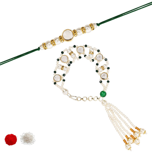 Elegant Bhaiya Bhabhi Green Lumba & Pearl Rakhi With Roli Chawal &Card