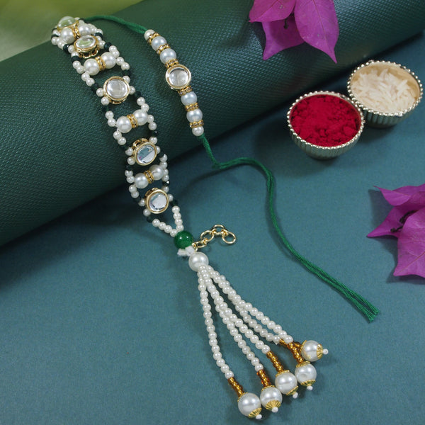 Elegant Bhaiya Bhabhi Green Lumba & Pearl Rakhi With Roli Chawal &Card