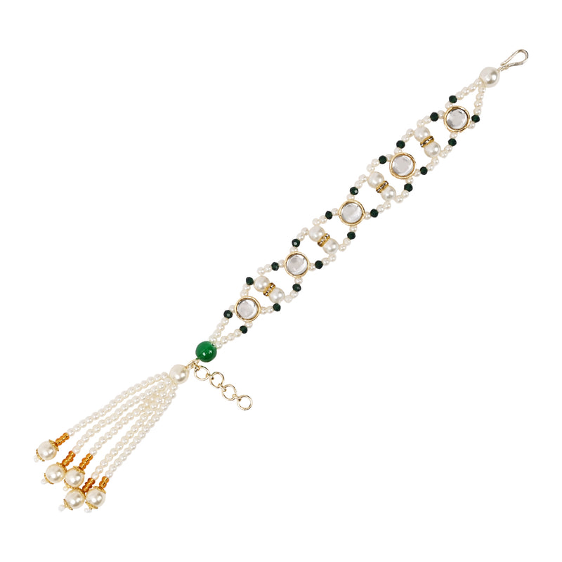 Round Shaped Green Pearl & Kundan Adjustable Lumba Bracelet