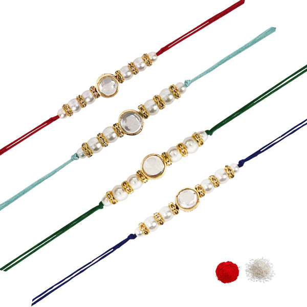 Elegance Kundan & Pearl Beads Rakhi with Roli Chawal & Card (Pack of 4)