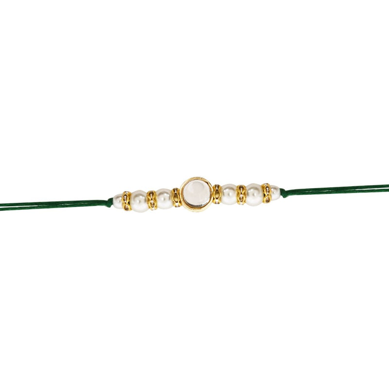 Delicate Pearl Beads Green Rakhi with Roli Chawal & Rakshabandhan Card