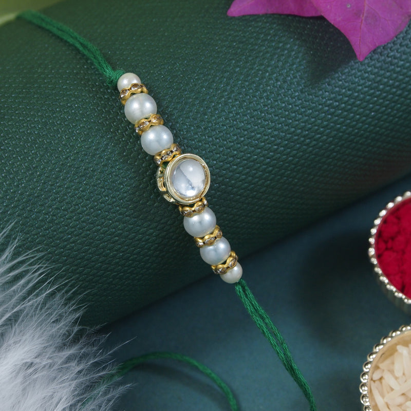 Delicate Pearl Beads Green Rakhi with Roli Chawal & Rakshabandhan Card