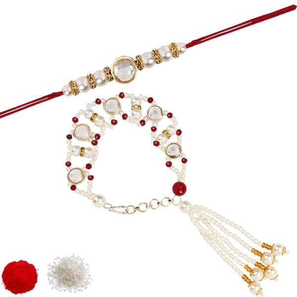 Elegant Bhaiya Bhabhi Red Lumba Pearl & Rakhi With Roli Chawal &Card