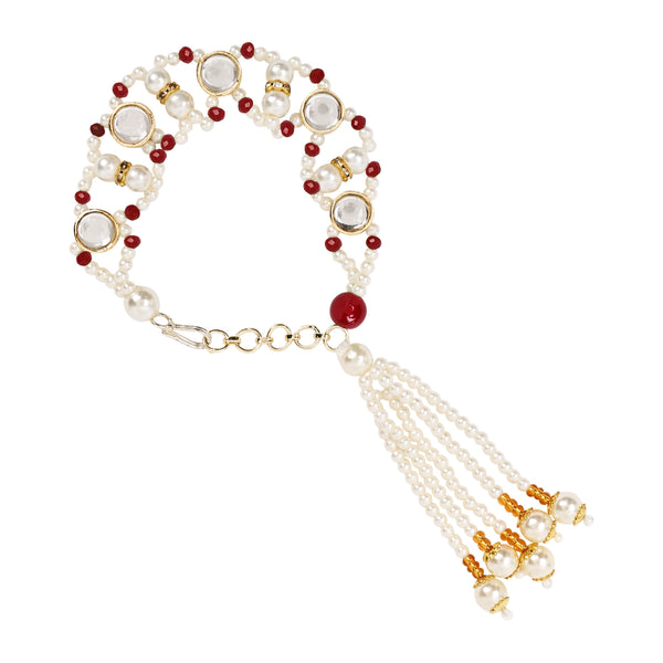 Round Shaped Red Pearl & Kundan Adjustable Lumba Bracelet