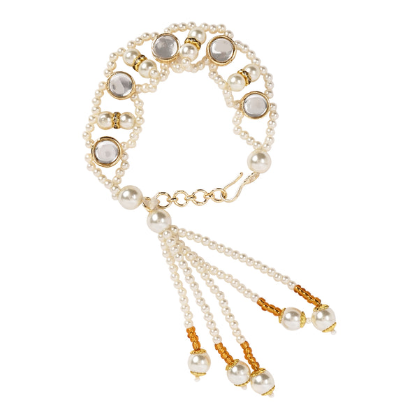 Round Shaped White Pearl & Kundan Adjustable Lumba Bracelet