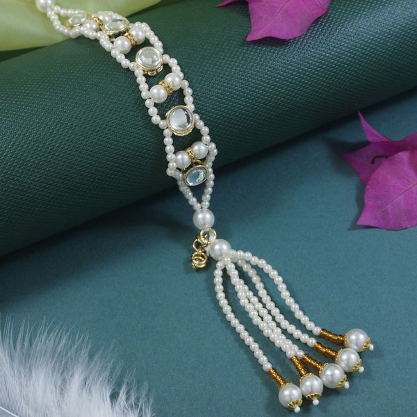 Round Shaped White Pearl & Kundan Adjustable Lumba Bracelet