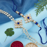 Elegant Bhaiya Bhabhi Blue Lumba & Pearl Rakhi With Roli Chawal & Card