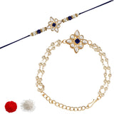 Elegant Bhaiya Bhabhi Blue Lumba & Pearl Rakhi With Roli Chawal & Card