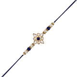 Elegant Bhaiya Bhabhi Blue Lumba & Pearl Rakhi With Roli Chawal & Card