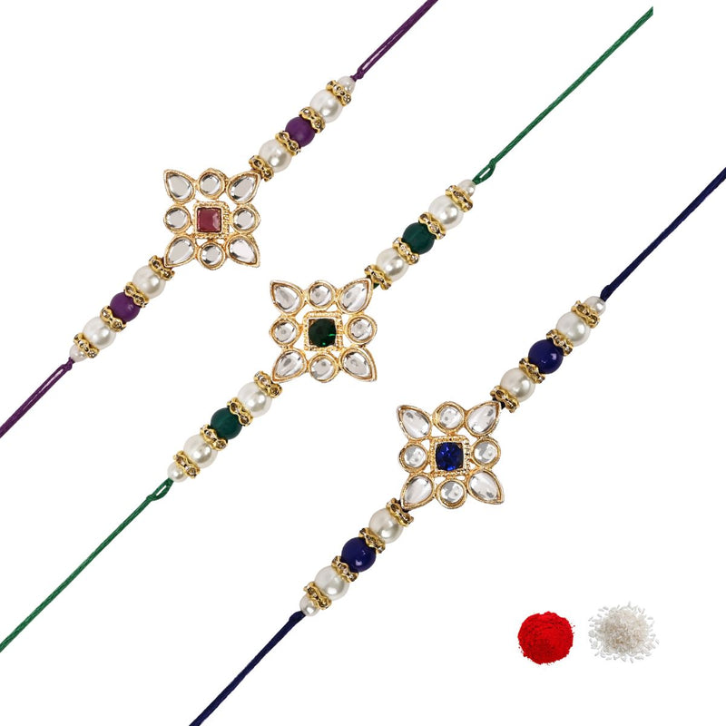 Elegance Kundan & Pearl Beads Rakhi with Roli Chawal & Card (Pack of 3)