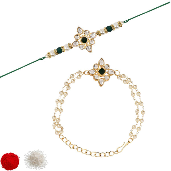 Elegant Bhaiya Bhabhi Green Lumba & Pearl Rakhi With Roli Chawal &Card