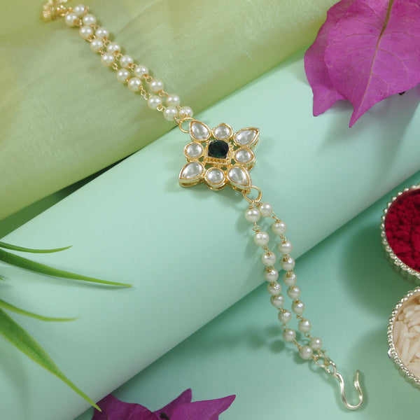 Elegantly Crafted Green Pearl & Kundan Adjustable Lumba Bracelet