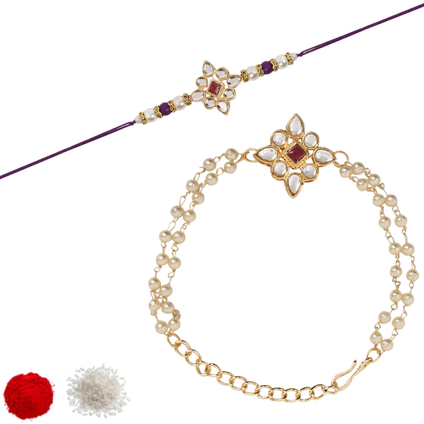 Elegant Bhaiya Bhabhi Wine Lumba Pearl Rakhi With Roli Chawal &Card