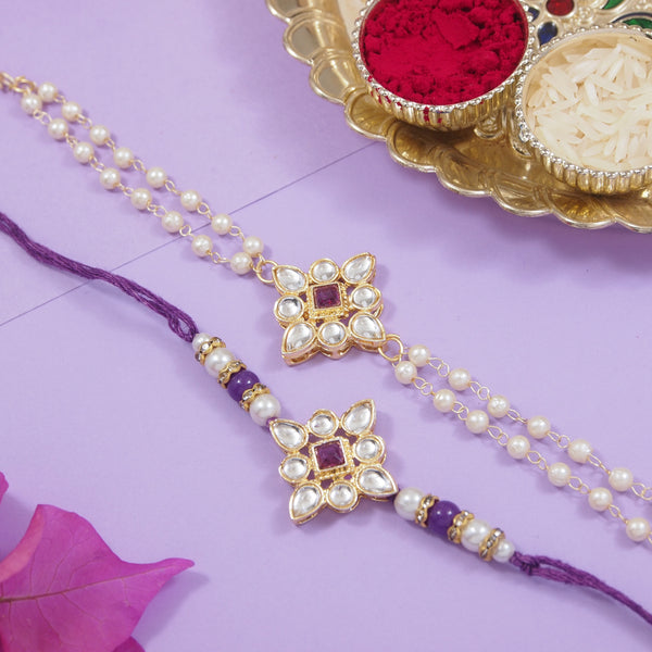 Elegant Bhaiya Bhabhi Wine Lumba Pearl Rakhi With Roli Chawal &Card