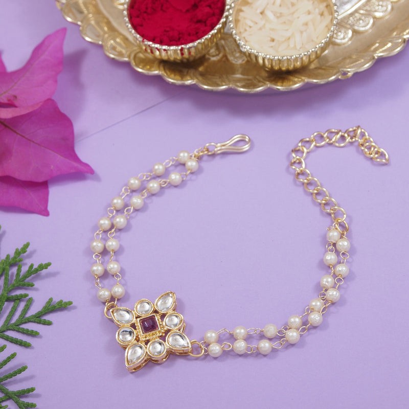 Elegantly Crafted Wine Pearl & Kundan Adjustable Lumba Bracelet