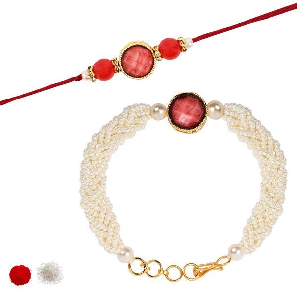 Elegant Bhaiya Bhabhi Red Lumba Pearl & Rakhi With Roli Chawal &Card